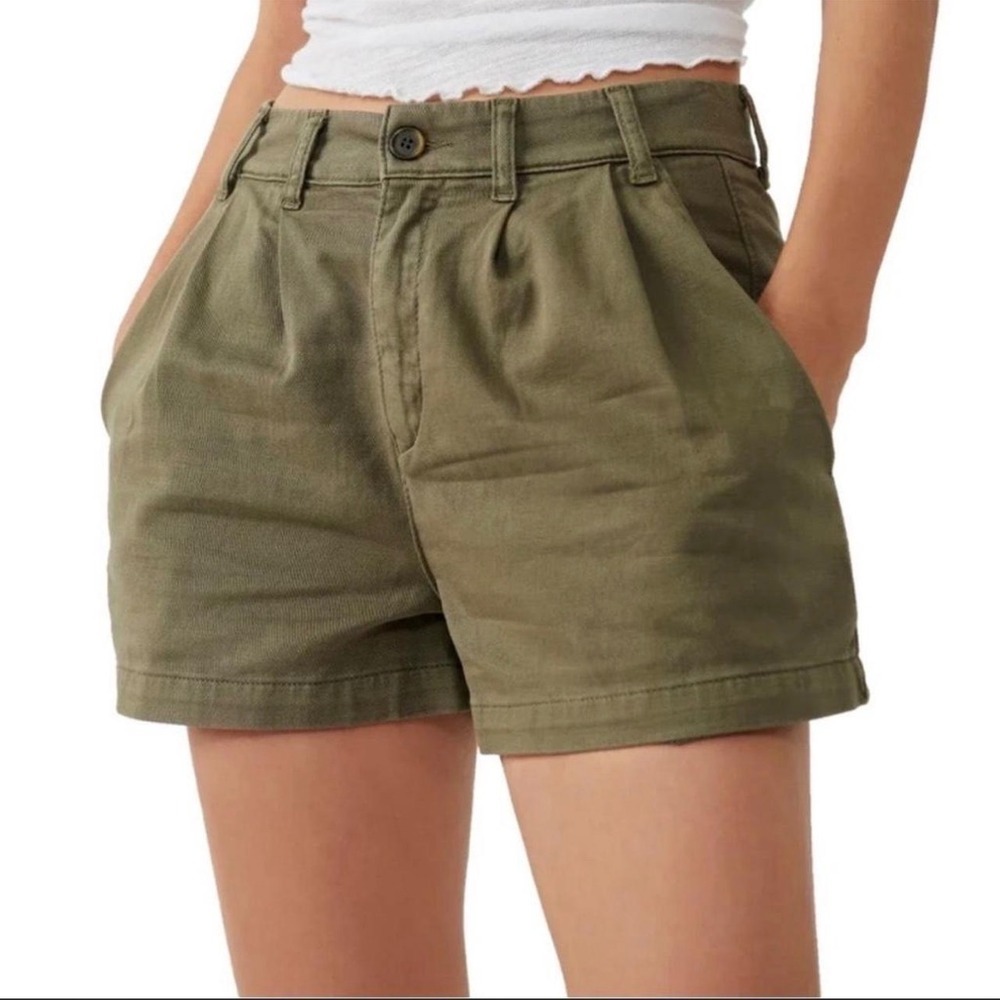 Free People Olive Green High-Rise Pleated Shorts